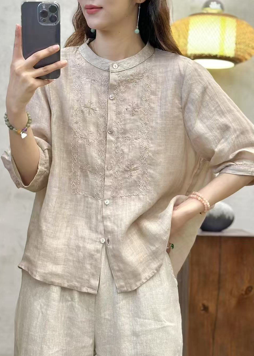 Handmade Blue Embroidered Linen Tops Half Sleeve