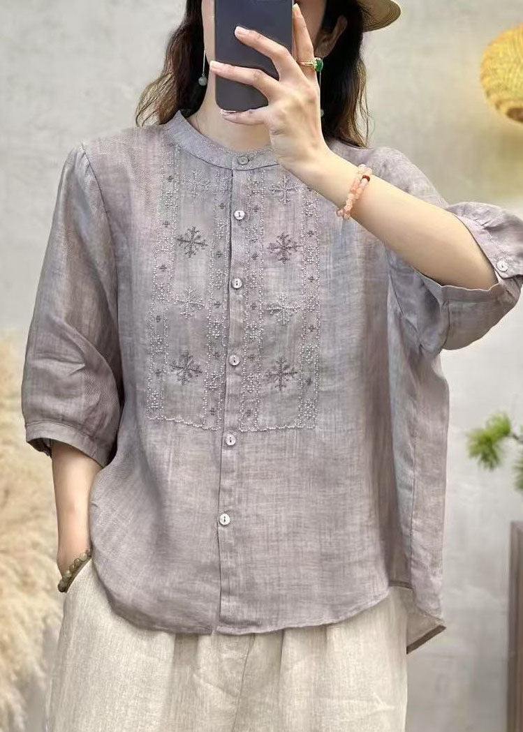 Handmade Blue Embroidered Linen Tops Half Sleeve