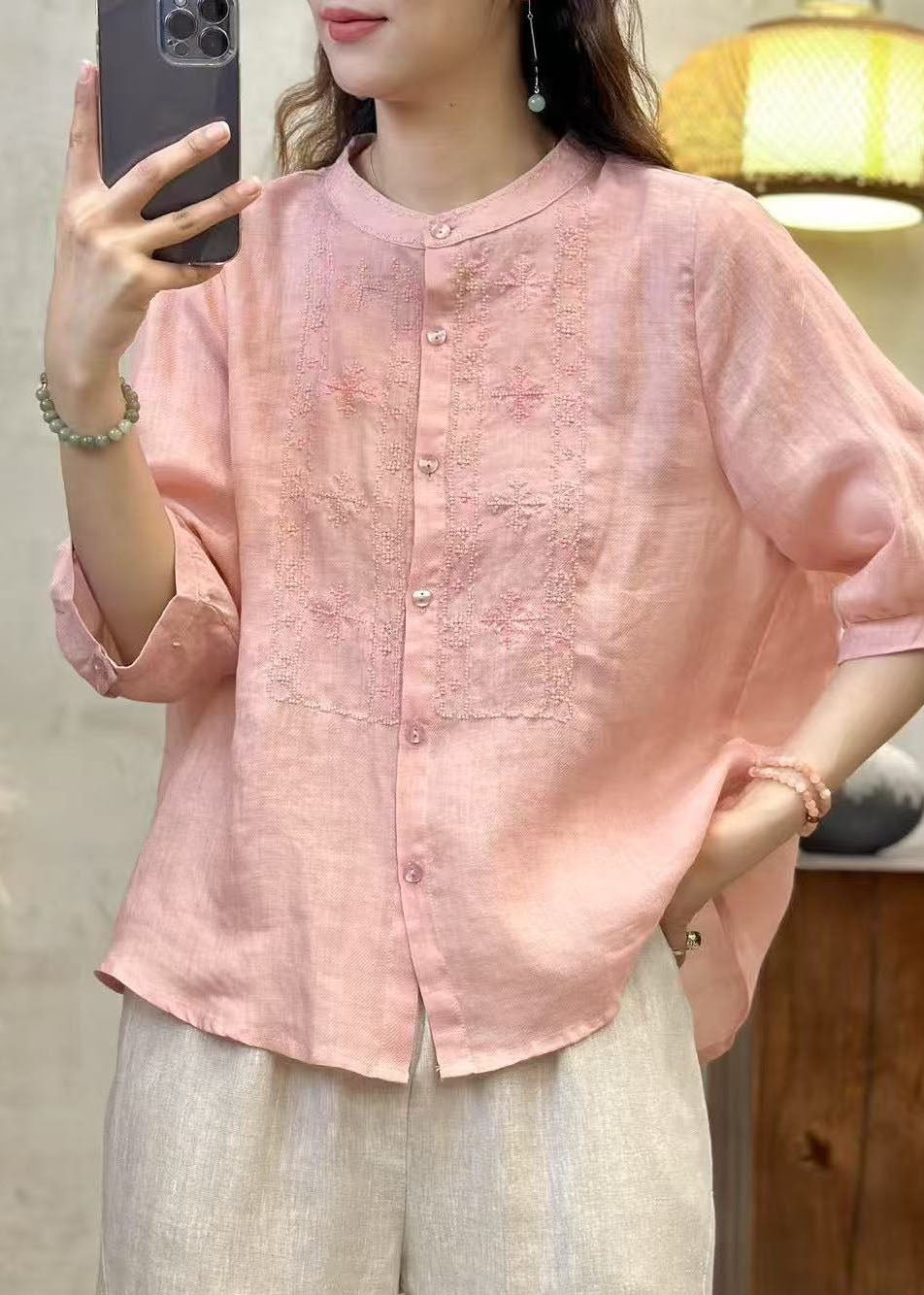 Handmade Blue Embroidered Linen Tops Half Sleeve