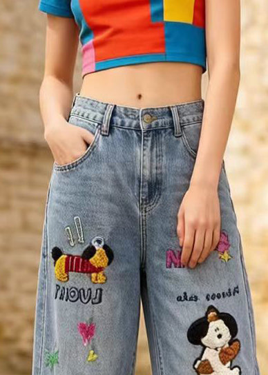 Handmade Blue Embroidered Patchwork Denim Pants Spring