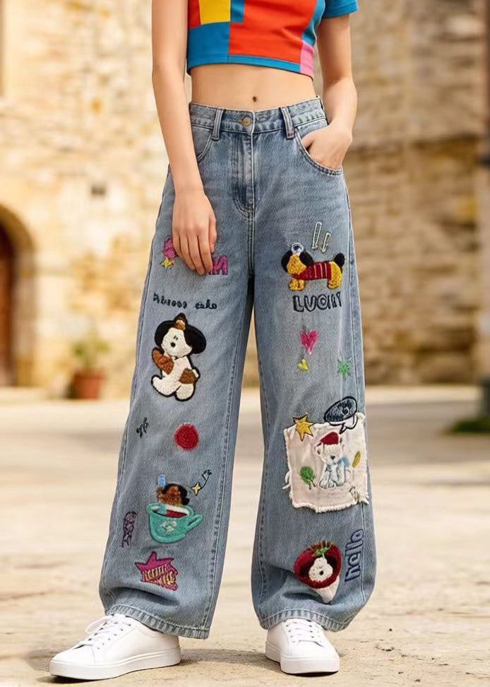 Handmade Blue Embroidered Patchwork Denim Pants Spring