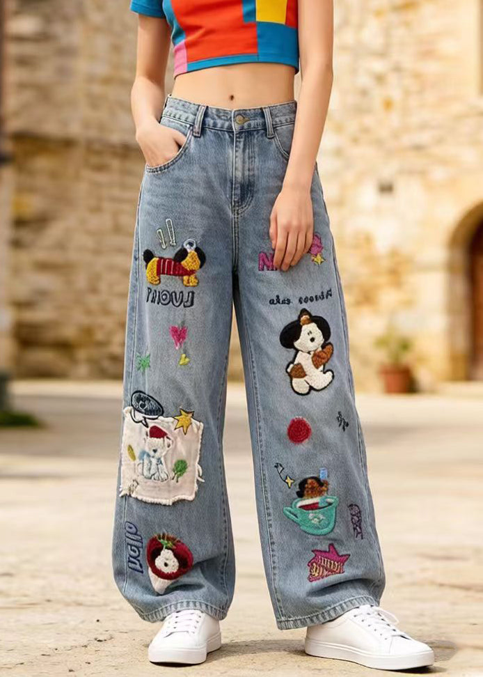 Handmade Blue Embroidered Patchwork Denim Pants Spring