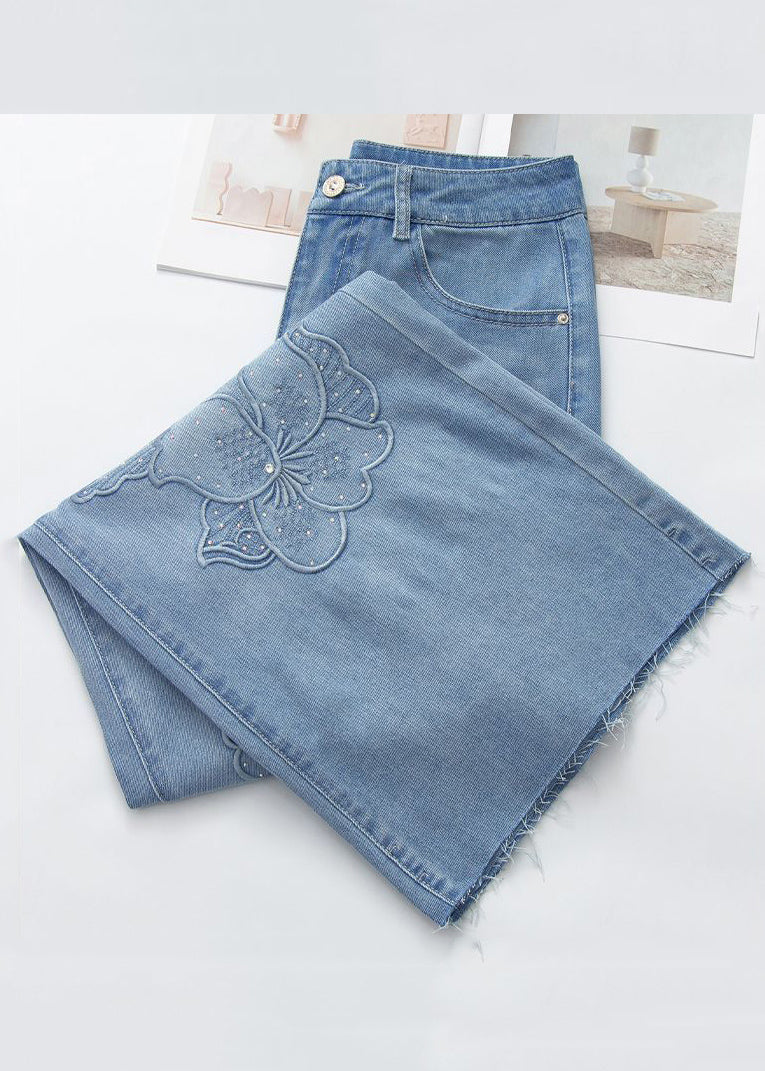 Handmade Blue Embroidered Zircon Denim Pants Fall