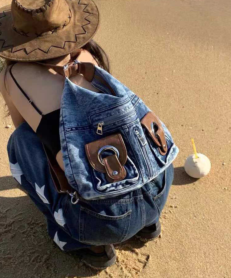 Handmade Blue Large Capacity Versatile Denim Satchel Handbag