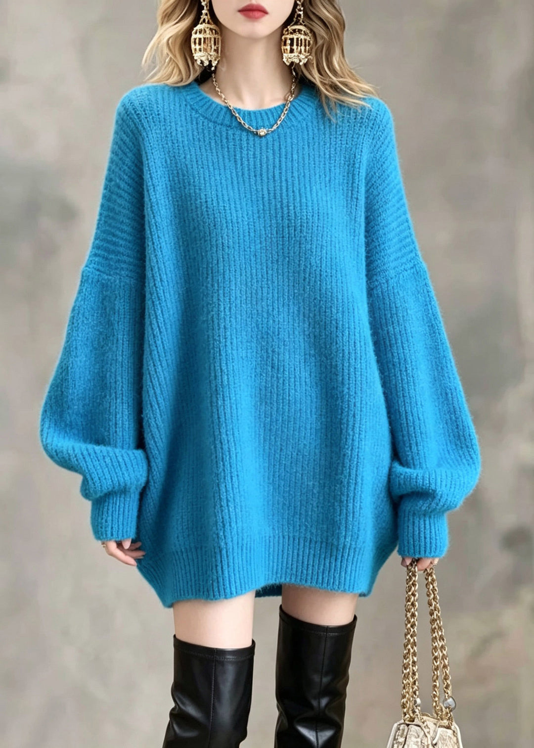 Handmade Blue O-Neck Solid Cotton Knit Sweaters Fall