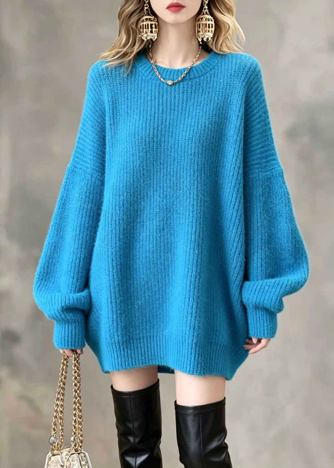 Handmade Blue O-Neck Solid Cotton Knit Sweaters Fall