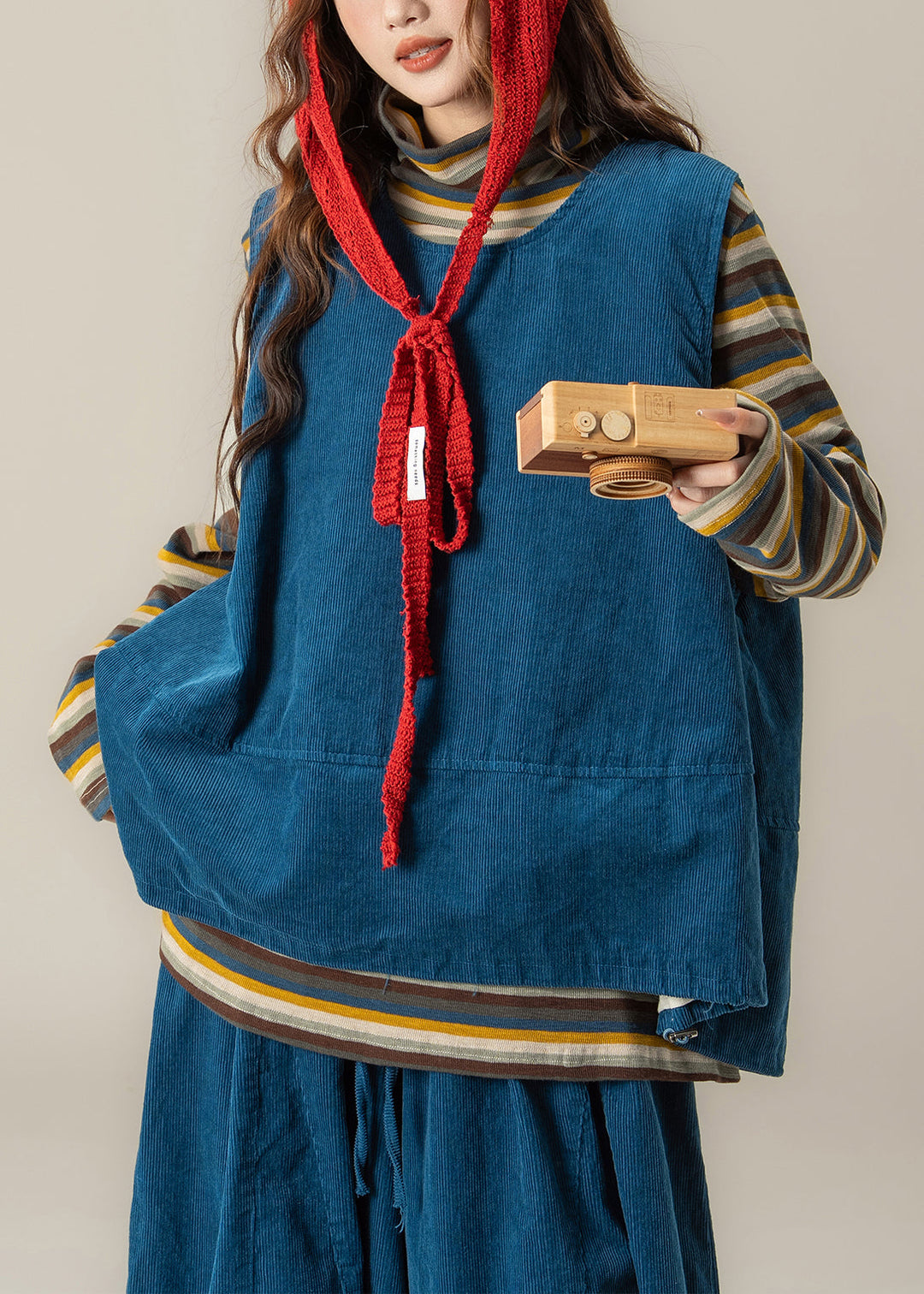 Handmade Blue O Neck Vest T Shirt Pants Corduroy Women Sets 3 Pieces Fall