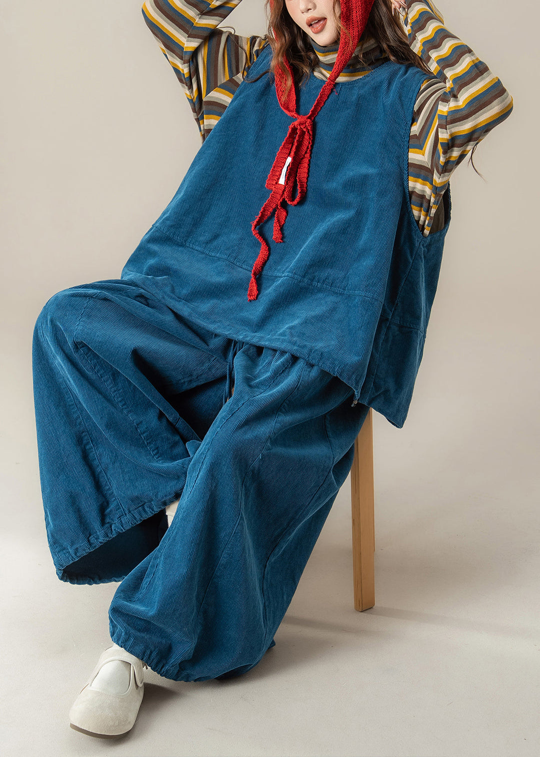 Handmade Blue O Neck Vest T Shirt Pants Corduroy Women Sets 3 Pieces Fall