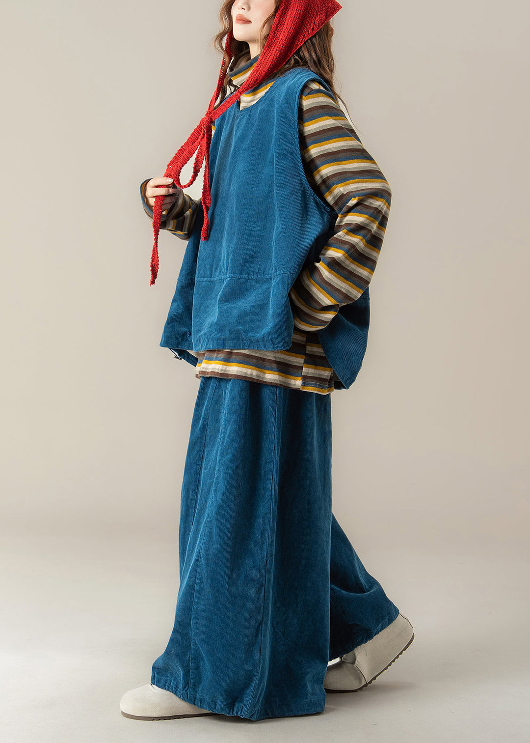 Handmade Blue O Neck Vest T Shirt Pants Corduroy Women Sets 3 Pieces Fall