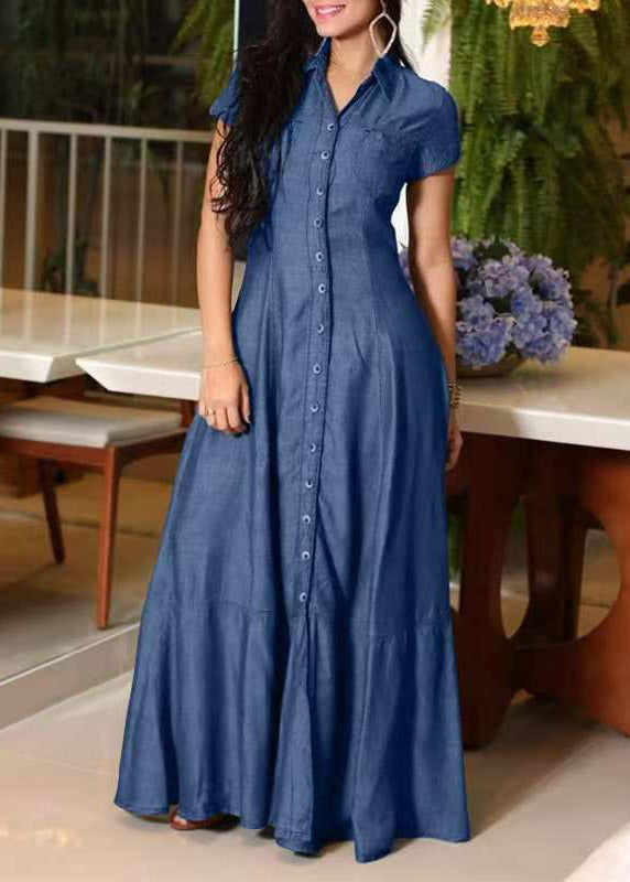 Handmade Blue Peter Pan Collar Button Maxi Dress Summer
