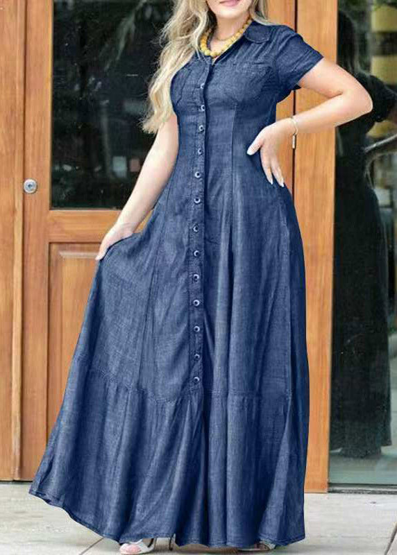 Handmade Blue Peter Pan Collar Button Maxi Dress Summer