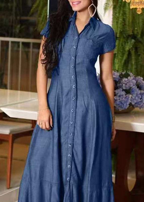 Handmade Blue Peter Pan Collar Button Maxi Dress Summer