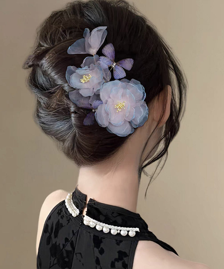 Handmade Blue Pink Silk Floral Butterfly Hairpin - Omychic