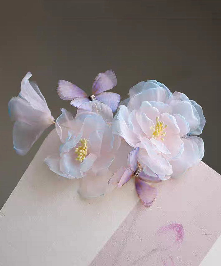 Handmade Blue Pink Silk Floral Butterfly Hairpin - Omychic