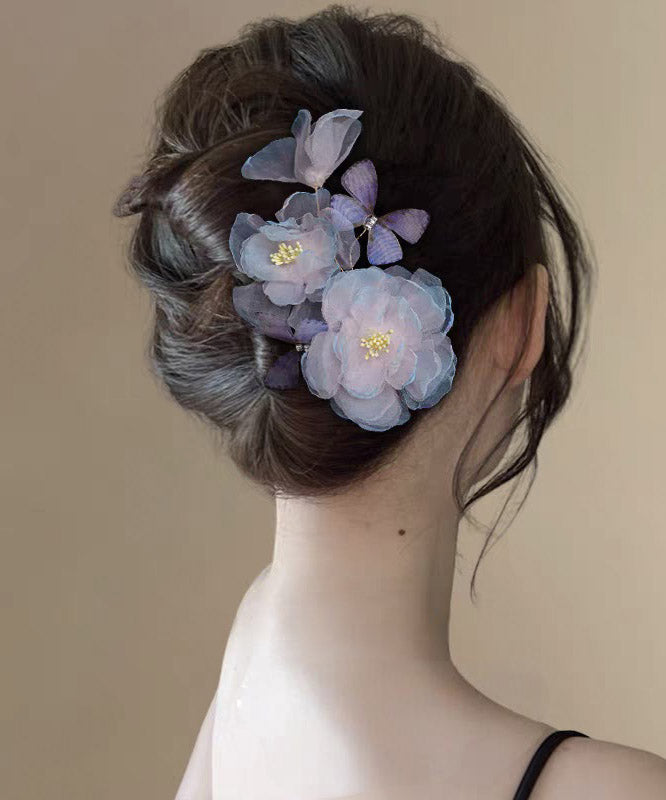 Handmade Blue Pink Silk Floral Butterfly Hairpin - Omychic