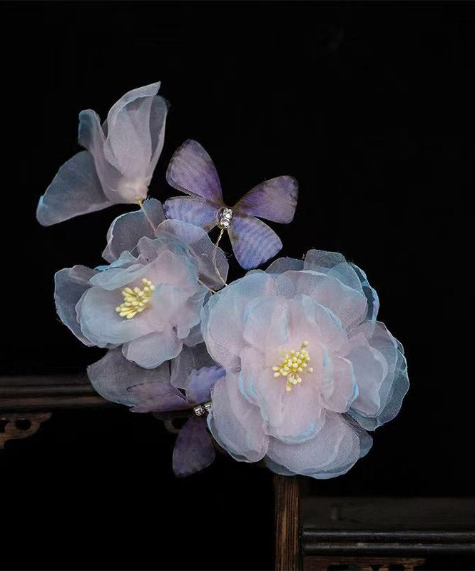 Handmade Blue Pink Silk Floral Butterfly Hairpin - Omychic