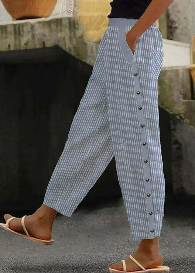 Handmade Blue Pockets Striped Cotton Crop Pants Summer