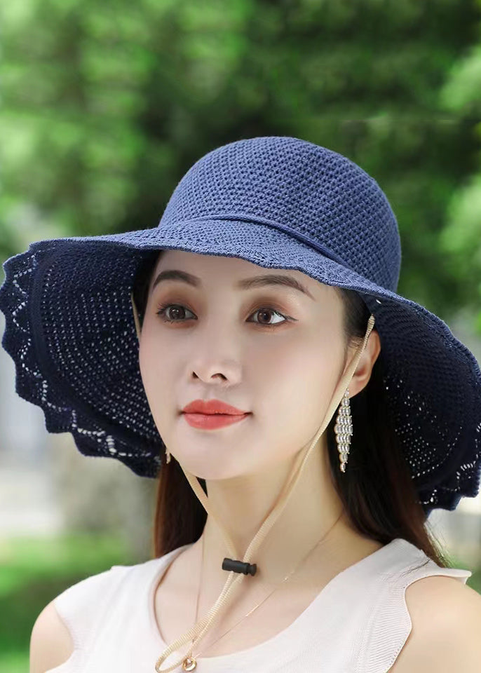 Handmade Blue Ruffled Patchwork Hollow Out Knit Floppy Sun Hat