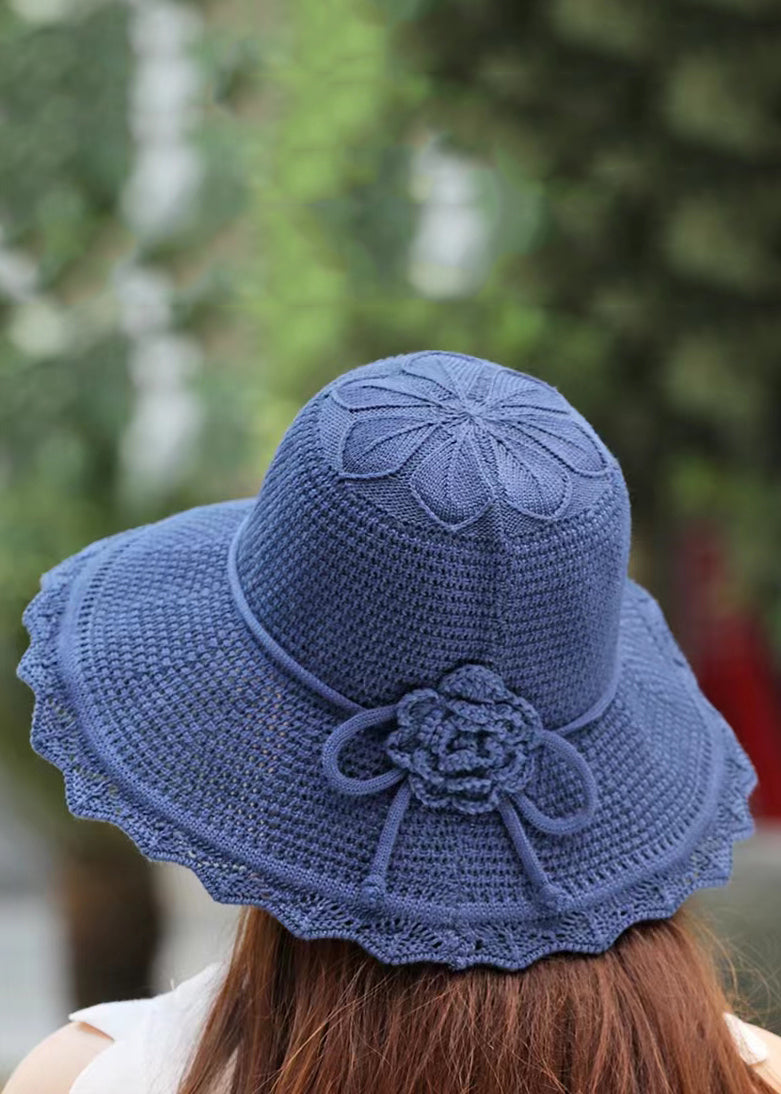 Handmade Blue Ruffled Patchwork Hollow Out Knit Floppy Sun Hat