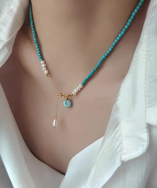 Handmade Blue Sterling Silver Overgild Turquoise Pearl Lariat Necklace
