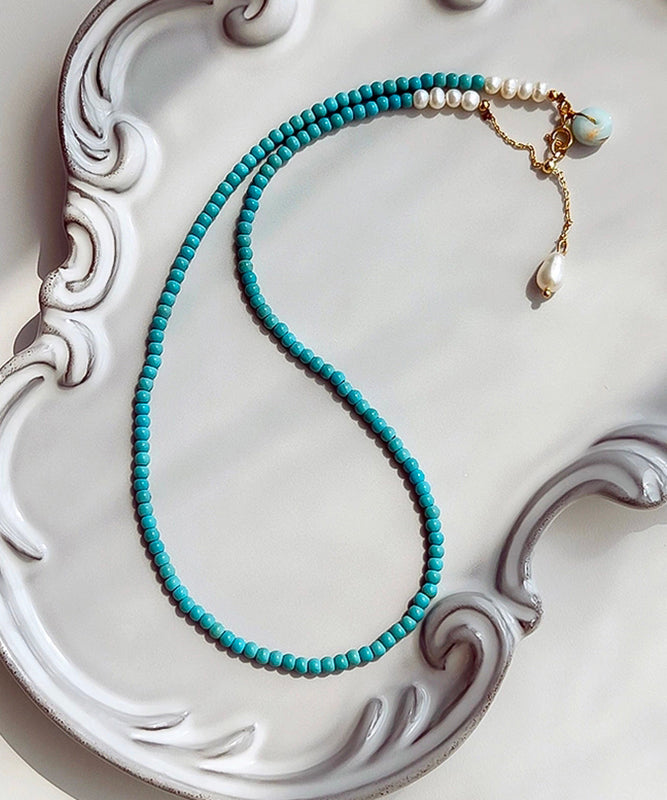 Handmade Blue Sterling Silver Overgild Turquoise Pearl Lariat Necklace