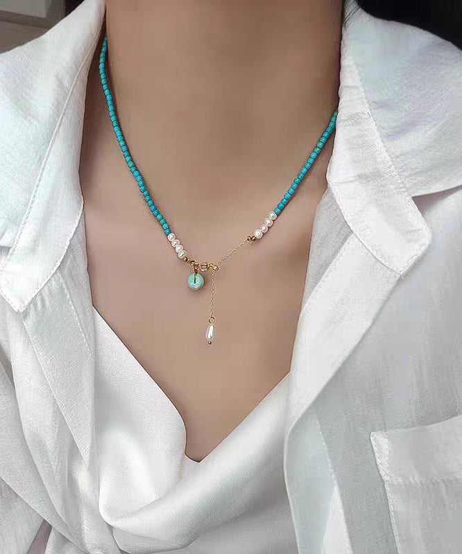 Handmade Blue Sterling Silver Overgild Turquoise Pearl Lariat Necklace