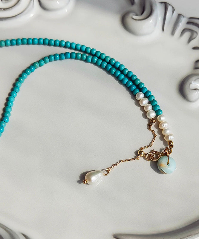 Handmade Blue Sterling Silver Overgild Turquoise Pearl Lariat Necklace