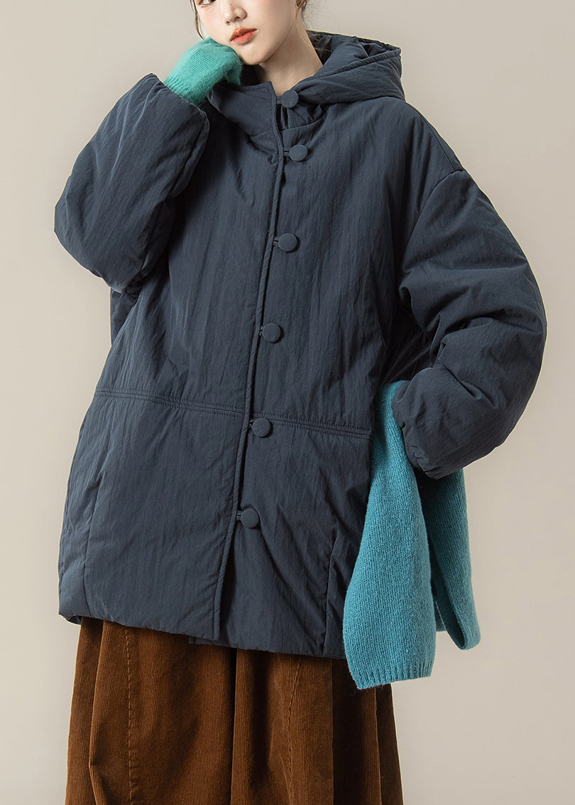 Handmade Blue Thick Warm Hooded Parkas Lantern Sleeve