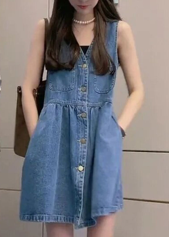 Handmade Blue V Neck Pockets Button Mid Vest Dresses Summer
