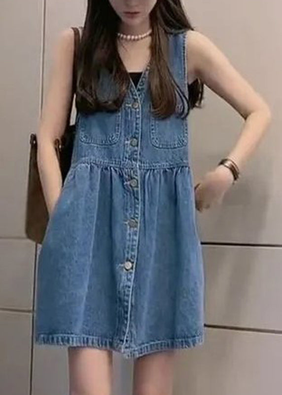 Handmade Blue V Neck Pockets Button Mid Vest Dresses Summer