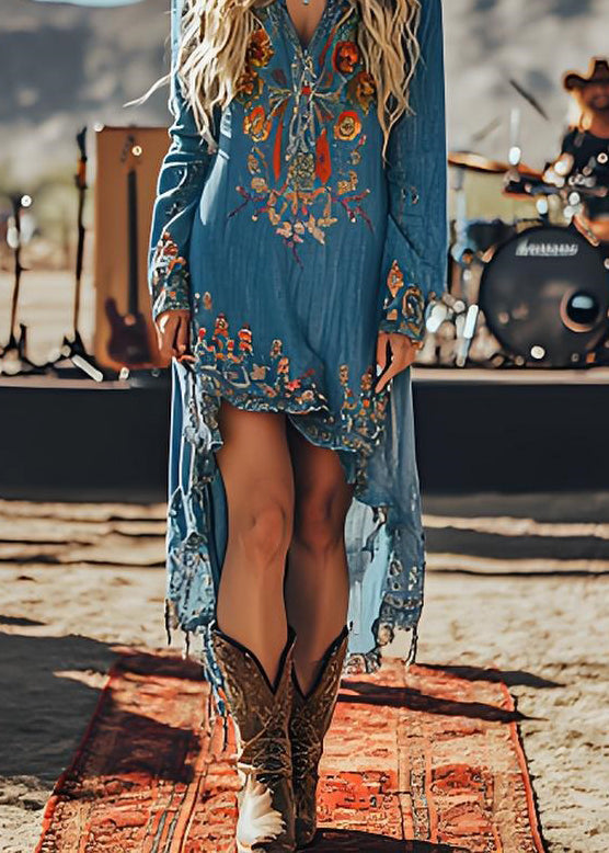 Handmade Blue V Neck Print Low High Design Cotton Dress Spring