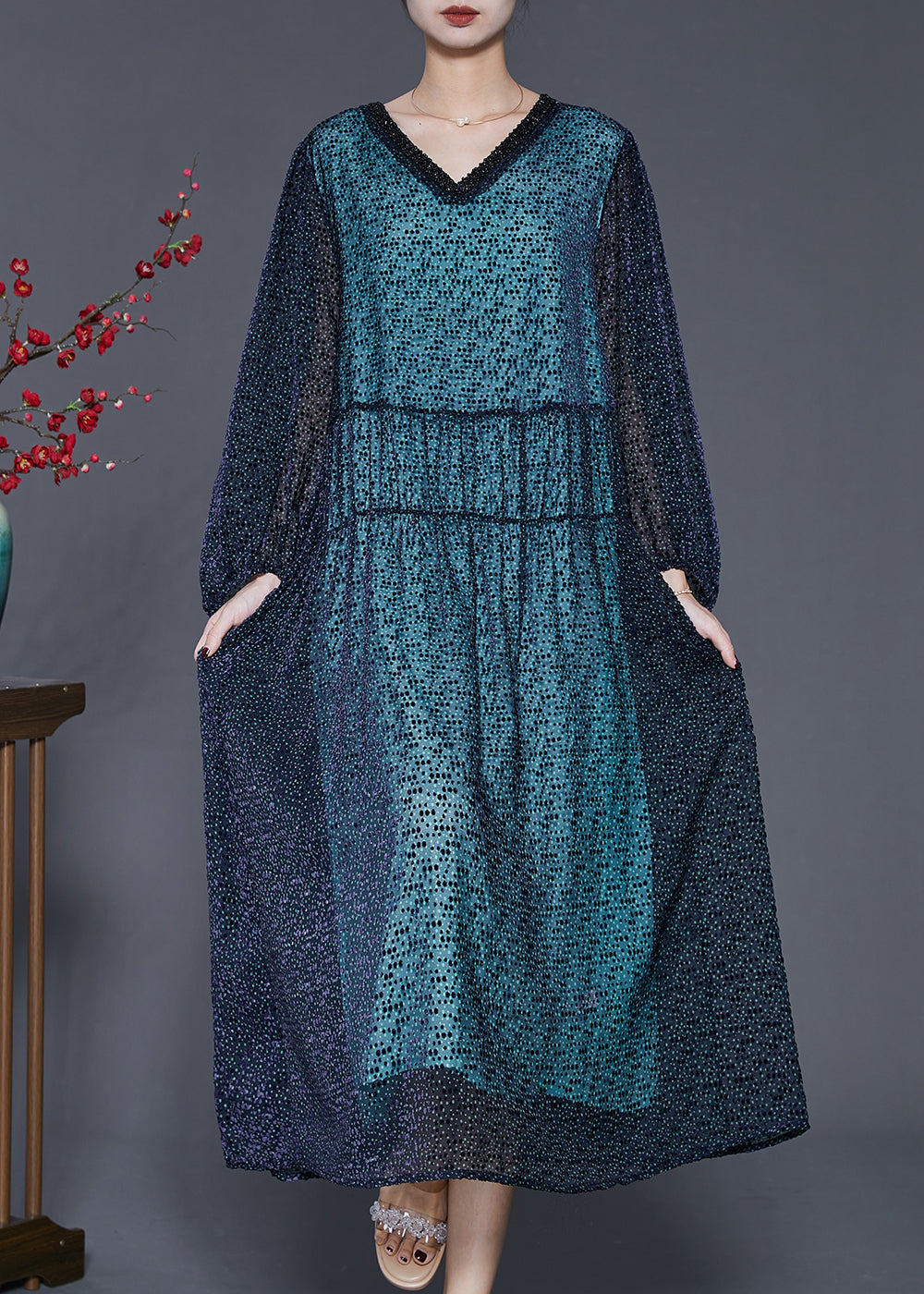Handmade Blue V Neck Print Silk Maxi Dresses Spring
