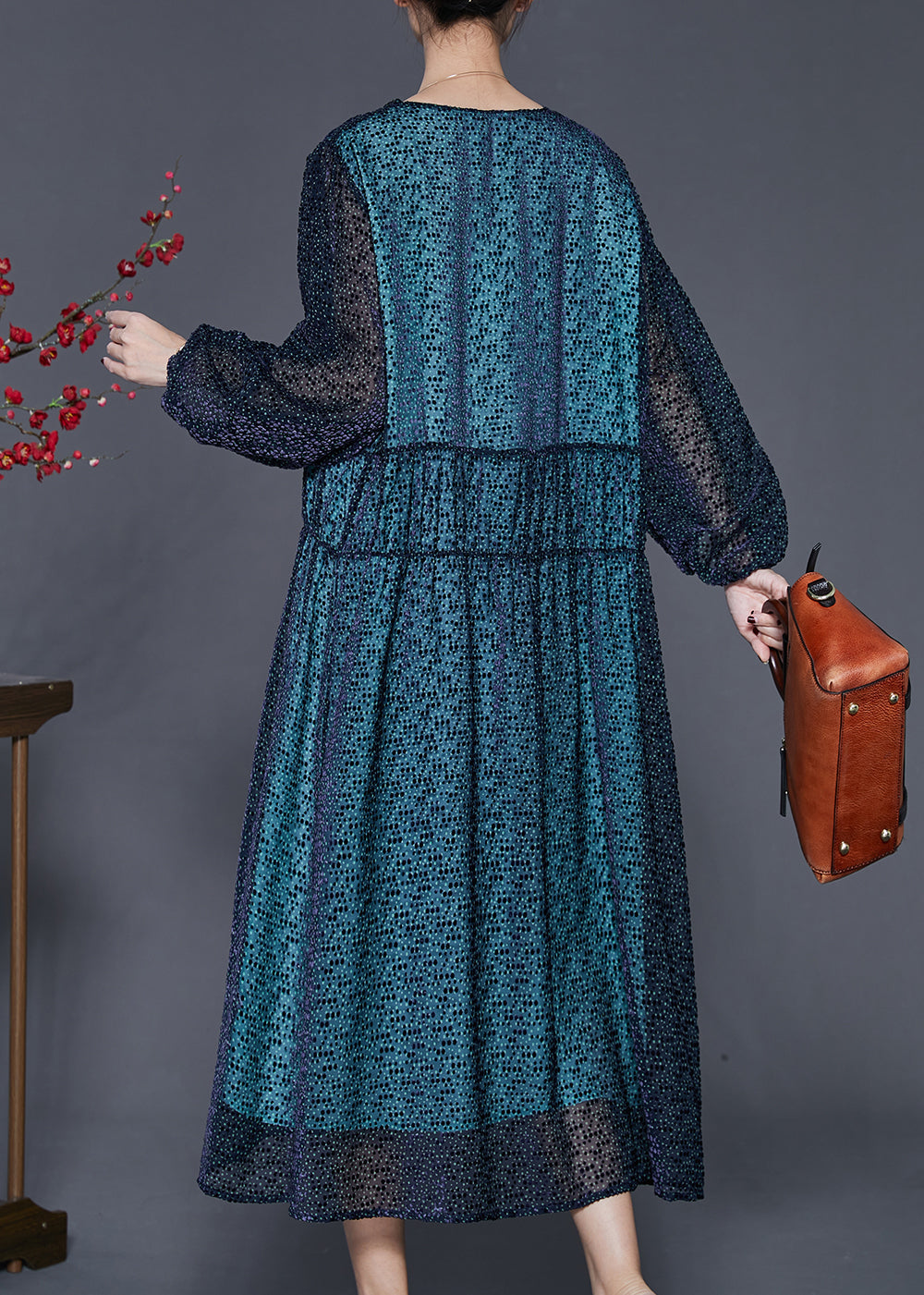 Handmade Blue V Neck Print Silk Maxi Dresses Spring