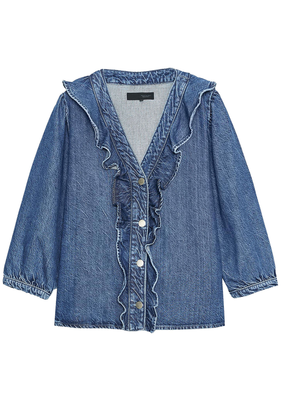 Handmade Blue V Neck Ruffled Denim Shirt Tops Long Sleeve