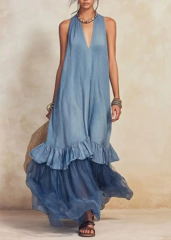 Handmade Blue V Neck Ruffled Maxi Dress Summer