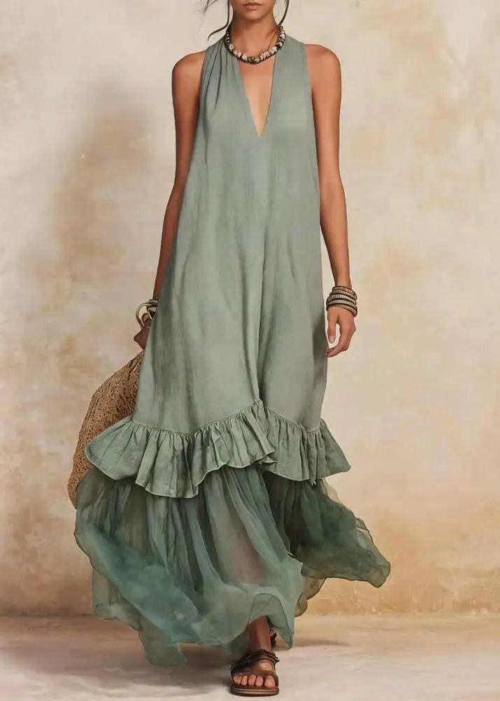 Handmade Blue V Neck Ruffled Maxi Dress Summer