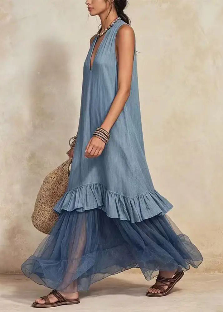 Handmade Blue V Neck Ruffled Maxi Dress Summer