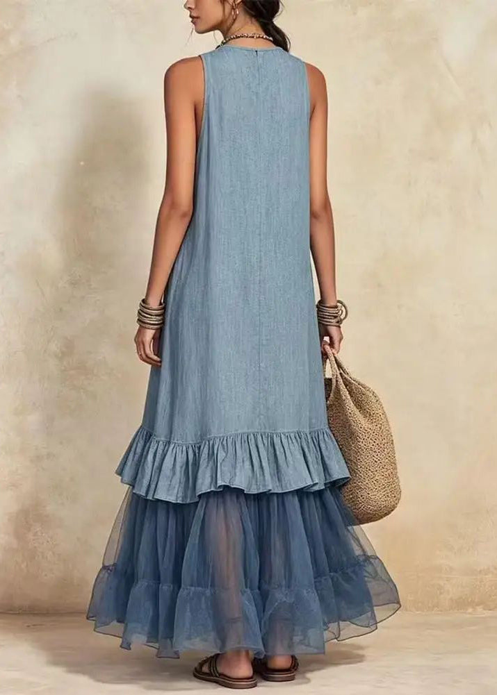 Handmade Blue V Neck Ruffled Maxi Dress Summer