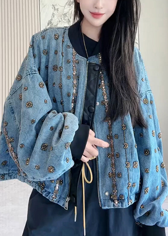 Handmade Blue Zippered Nail Bead Patchwork Denim Coats Fall