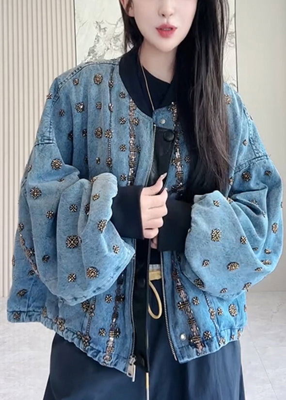 Handmade Blue Zippered Nail Bead Patchwork Denim Coats Fall