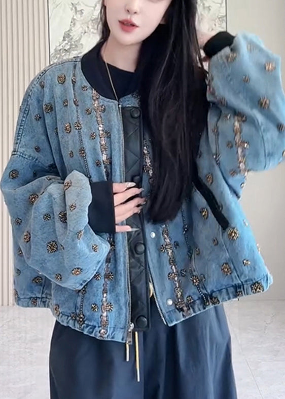Handmade Blue Zippered Nail Bead Patchwork Denim Coats Fall