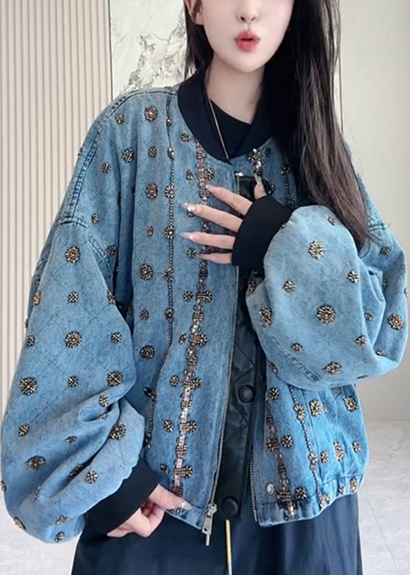 Handmade Blue Zippered Nail Bead Patchwork Denim Coats Fall