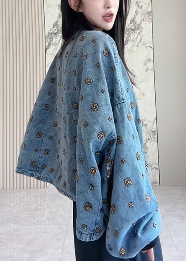 Handmade Blue Zippered Nail Bead Patchwork Denim Coats Fall