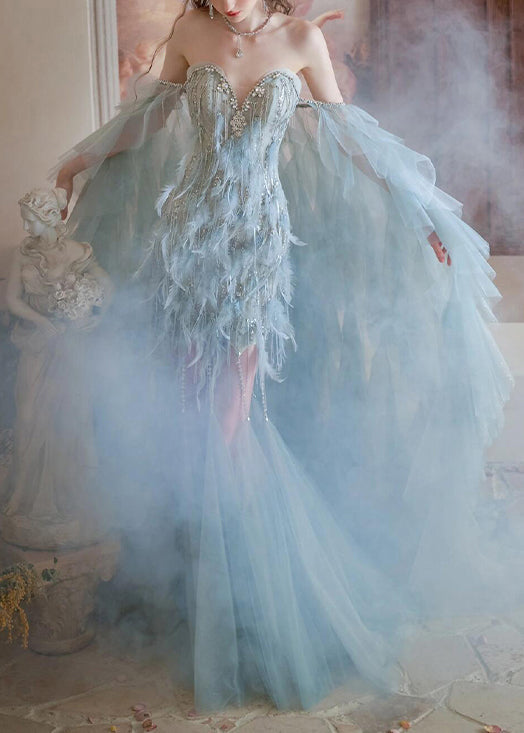 Handmade Blue Zircon Feather Cape And Dress Tulle Two Pieces Set