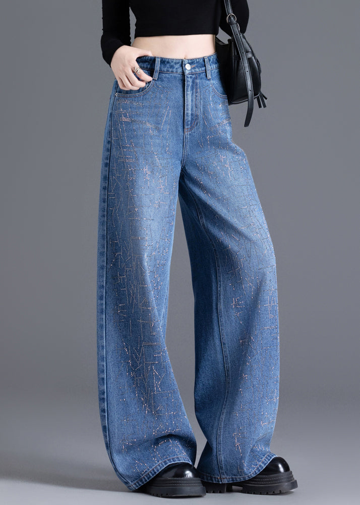 Handmade Blue Zircon Pockets High Waist Denim Wide Leg Pants Spring