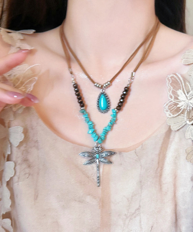 Handmade Brown Alloy Turquoise Dragonfly Beading Double-Layer Sweater Pendant Necklace