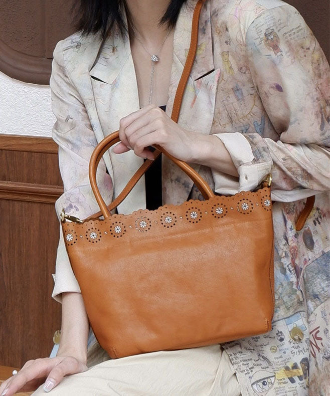 Handmade Brown Embroidered Solid Durable Leather Tote Bag