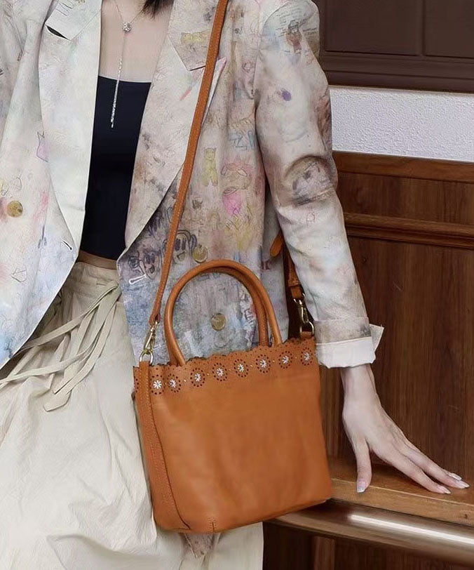 Handmade Brown Embroidered Solid Durable Leather Tote Bag