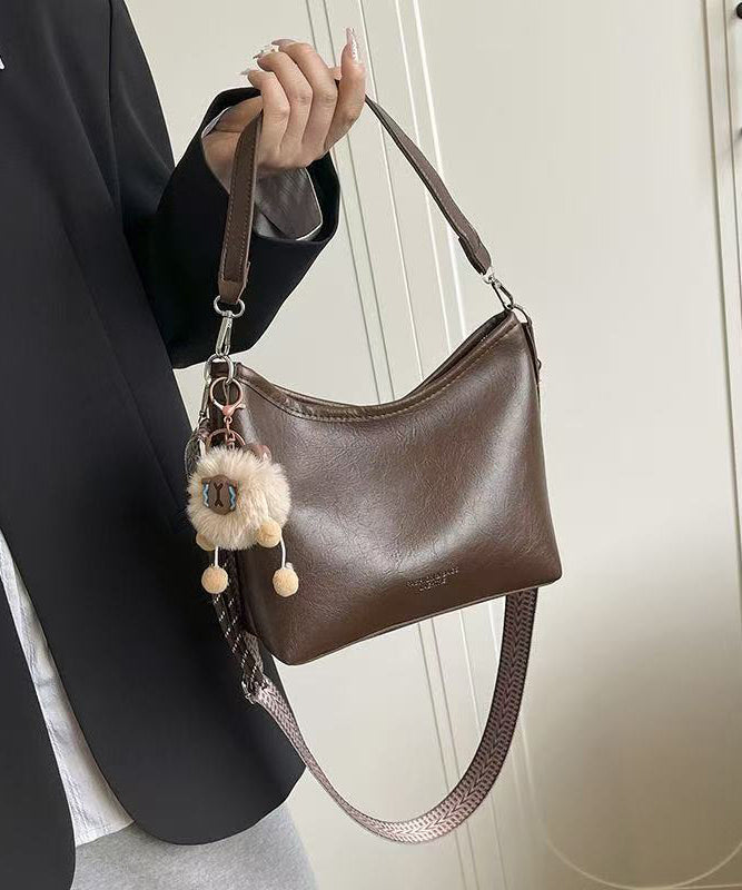 Handmade Brown Fuzzy Ball Decorated Faux Leather Side Pack