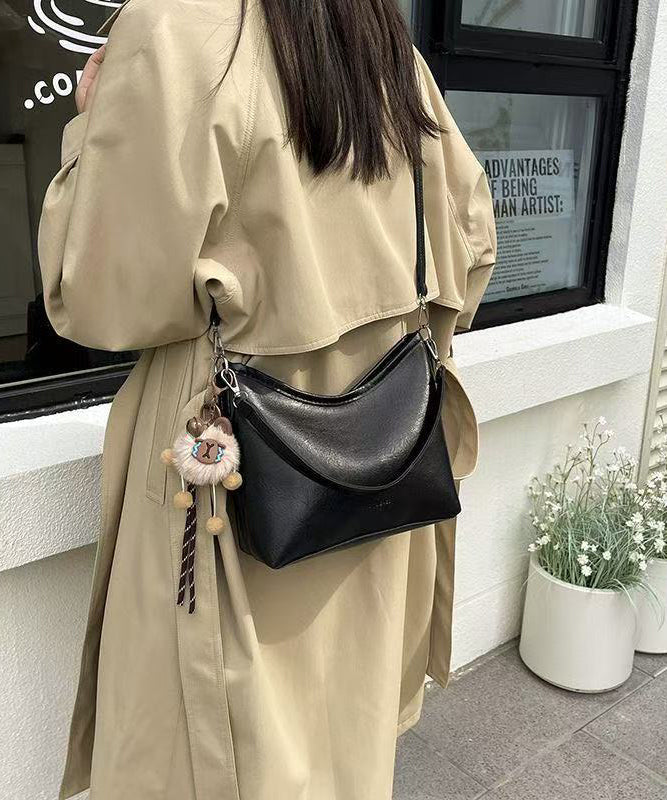 Handmade Brown Fuzzy Ball Decorated Faux Leather Side Pack